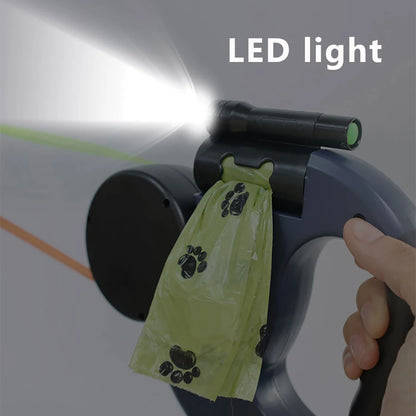 Correa Extensible Doble para Pasear 2 Perros: LED, Giro 360°, Frenado Individual y Reflectante 3M
